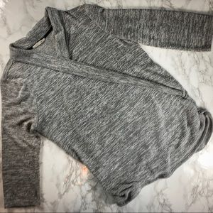 Gray Terry 3/4 Sleeve Faux-Wrap Sweater